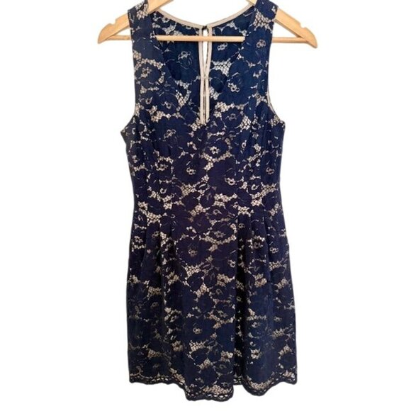 Navy Blue 10 Sleeveless Lace Dress Bodycon Romantic Holiday Party Sheer Glam - Picture 1 of 10